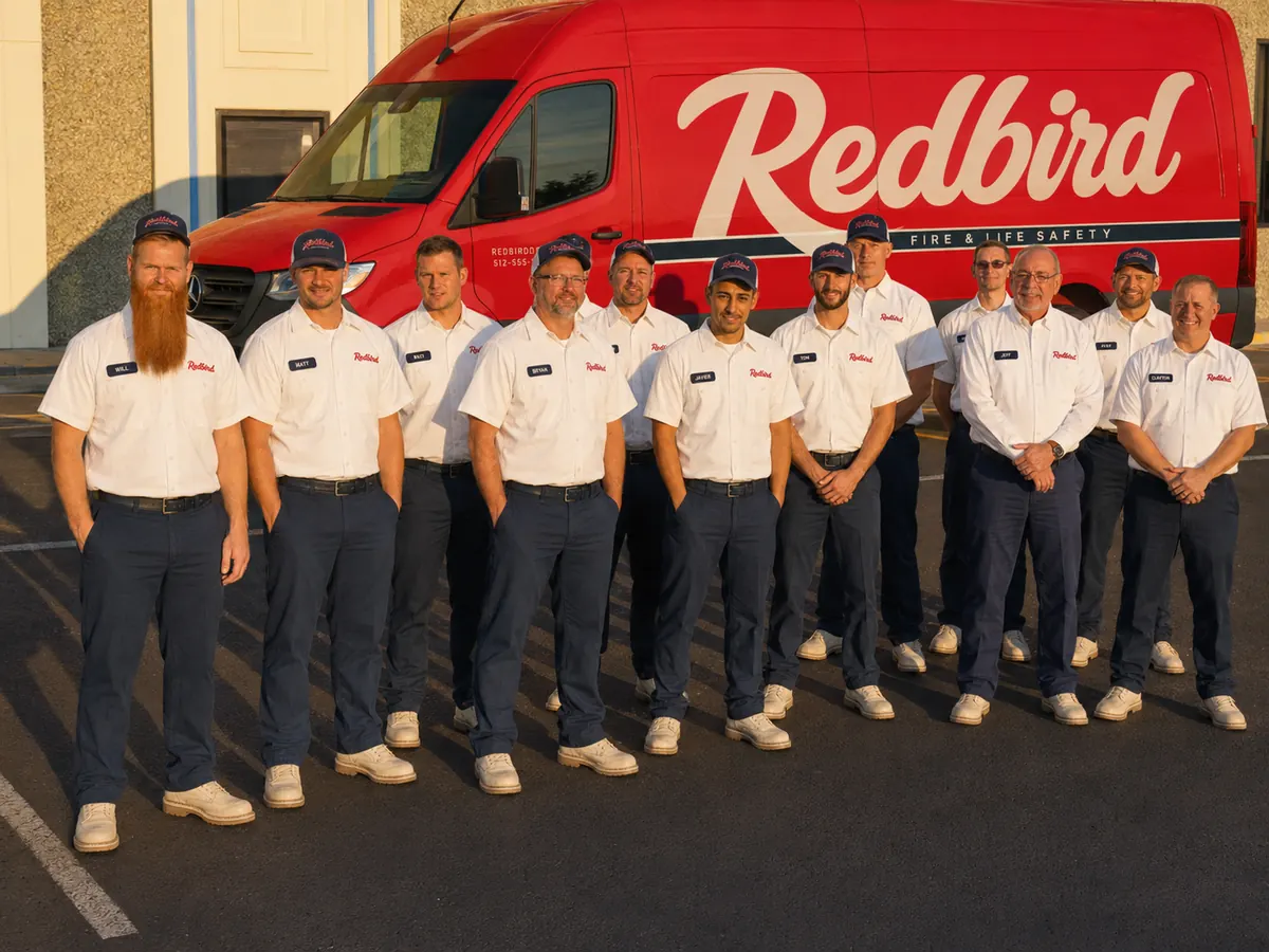 The Redbird Fire and Life Safety team in front of a company van in Austin, Texas